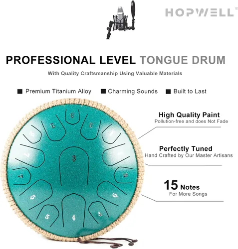Miniatura 3 de HOPWELL Tambor de Lengua de Acero - 13 Pulgadas 15 Notas Tambor de Lengua - Tambor Handpan con Libro de Música, Mazos para Tambores Handpan y Bolsa
