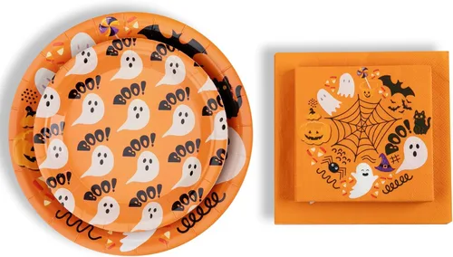 Miniatura 3 de Juego de vajilla desechable de 80 piezas con diseños de fantasma y calabaza, incluye platos de 9 y 7 pulgadas, servilletas de cóctel y almuerzo