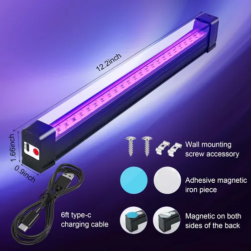 Miniatura 8 de Paquete de 4 Barras de Luz Negra Recargables 10W Operadas por Batería, Luces Negras Portátiles para Fiestas de Luz y Pesca