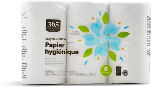Miniatura 2 de 365 by Whole Foods Market, Papel de baño 100% reciclado, ultra fuerte, 260 hojas por rollo, 6