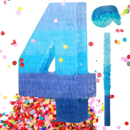 Miniatura 10 de Sratte Piñata número 1 2 3 4 5 6 7 8 9 Piñata con palo para los ojos vendados, piñata azul degradado para niños y niñas, suministros de decoración