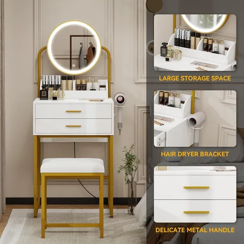 Miniatura 2 de ARTETHYS Escritorio pequeño con espejo y luces, tocador de maquillaje compacto blanco con silla, moderno tocador que ahorra espacio con cajón