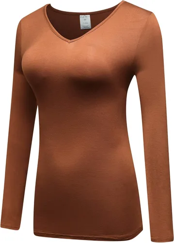 Miniatura 2 de OThread & Co. Camiseta de manga larga con cuello en V, para mujer, con capa básica, de licra