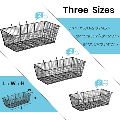 Miniatura 3 de Cestas de tablero de clavijas para montaje en pared, 3 tamaños, accesorios para tablero de clavijas, cesta para el hogar, garaje, organizador Negro