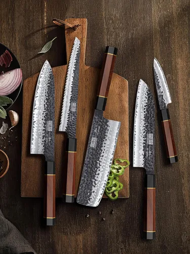 Miniatura 7 de HOSHANHO Juego de 5 cuchillos de cocina japoneses de acero de alto carbono, juego de cuchillos de chef profesionales ultra afilados con mango