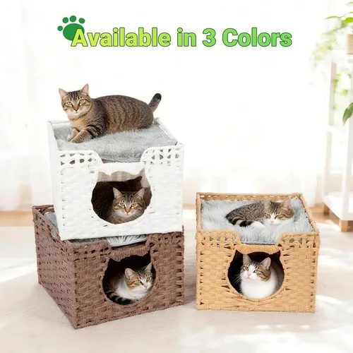 Miniatura 7 de Cueva de ratán tejida a mano para gatos con dos cojines, camas para gatos, casa de gatitos interior, impermeable y plegable, color blanco, 16.5