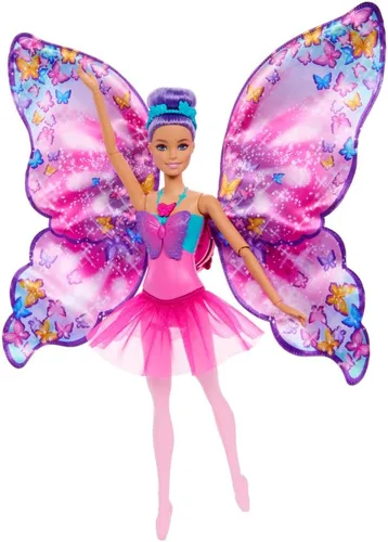 Barbie Muñeca Dance and Flutter con transformación 2 en 1 de bailarina a mariposa con alas de apertura, cabello morado, tocado y tutú extraíble