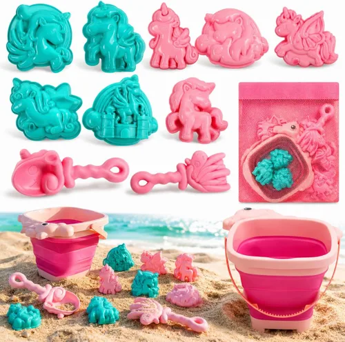 TOY Life Unicorn Beach Toys for Girls Ages 4-8, Collapsible Silicone Sand Toys Set with Bucket, Molds & Shovels, Travel Beach Toys, Sandbox & Snow