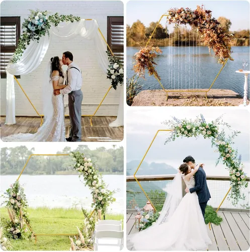 Miniatura 4 de Soporte de Fondo Redondo Chamvis, Arco de Boda Dorado Hexagonal Redondo con Soporte para Plantas Jardín Pérgola: para Fondo de Fotos de Boda
