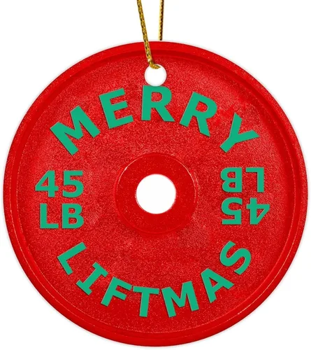 Adorno redondo de cerámica colgante de Navidad, divertido gimnasio con mancuernas blancas de cerámica para colgar recuerdos personalizables para