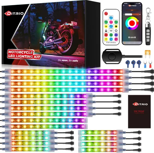 Miniatura 9 de Kit de 8 piezas de luces LED para motocicleta con señal de giro de freno, luces RGB para motocicleta con control remoto DITRIO APP/RF, zona dual, 12