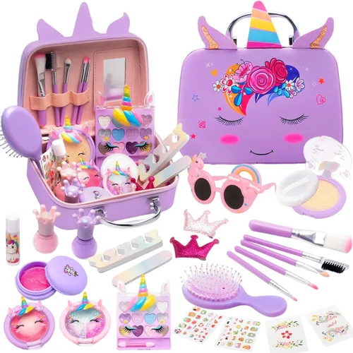 Kit de maquillaje lavable y no tóxico para niñas, juego de cosméticos reales con espejo, brillo de labios y esmalte de uñas para edades de 4 a 8