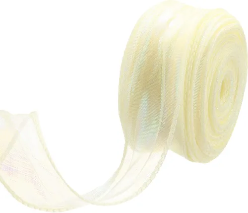 Miniatura 32 de MECCANIXITY - Cinta de organza con cable de 1 1/2" de ancho, brillante, transparente, con brillo irisado en tonos pastel, cinta de gasa para Beige