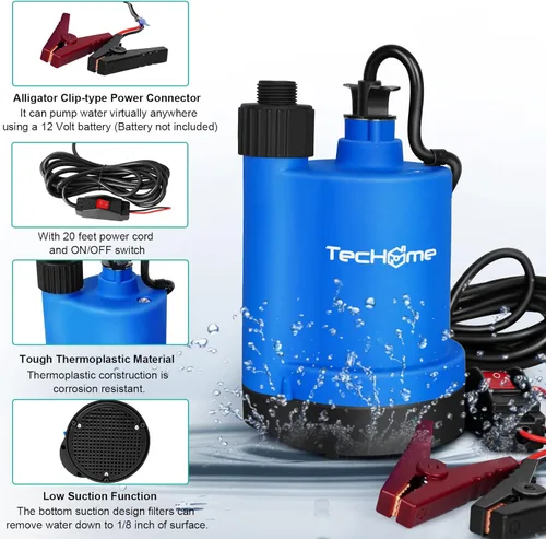 Miniatura 5 de Bomba de agua TecHome, bomba de transferencia de agua de 115V 1/10HP 330GPH, con interruptor de encendido/apagado y kit de manguera de succión.