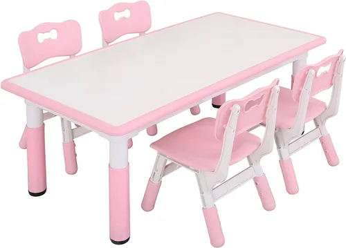 UNICOO Mesa y sillas para niños, mesa y sillas para niños pequeños de altura ajustable con 4 sillas, escritorio de graffiti, aula, guardería, hogar,