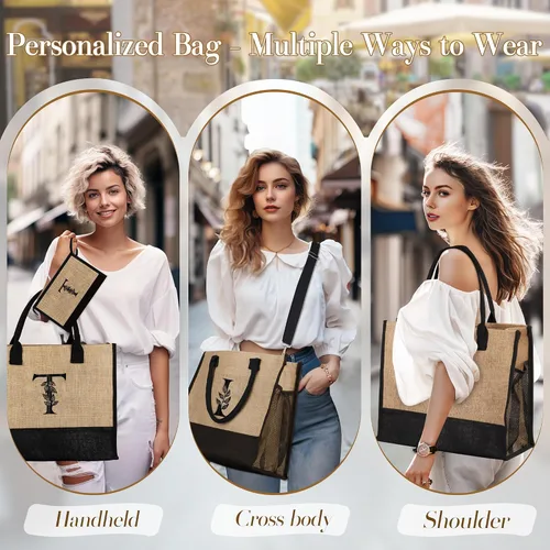 Miniatura 3 de AUNOOL Initial Tote Bag and Makeup Bag Canvas Beach Bag Personalized Birthday Gifts Bridesmaid Gifts
