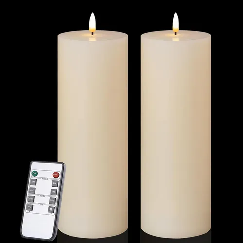 Miniatura 7 de volnyus Juego de 2 velas blancas sin llama (3 x 9 pulgadas), velas LED parpadeantes de cera que funcionan con baterías con control remoto y Blanco