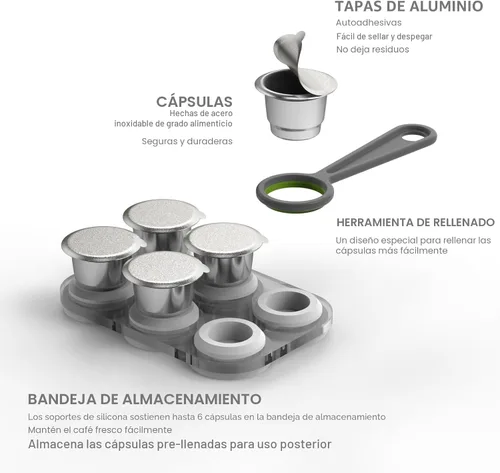 Miniatura 4 de Cápsulas reutilizables para Nespresso OriginalLine – 6 cápsulas de café recargables, tazas de acero inoxidable compatibles con máquina Nespresso