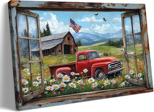 Miniatura 27 de Decoración rústica de granja en lienzo con ventana abierta, impresiones artísticas para pared, pintura de camión viejo, lienzo de granero y bandera