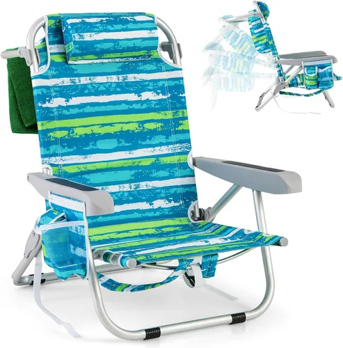 Miniatura 18 de Giantex Silla de playa tipo mochila, silla de camping plegable con 5 posiciones ajustables, soporte para tazas, bolsillos de almacenamiento