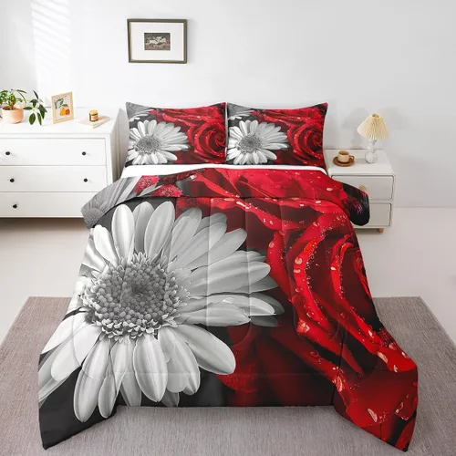 Miniatura 13 de Juego de edredón de rosas rojas, tamaño individual, juego de ropa de cama floral rojo degradado negro para niñas, mujeres, niños, adolescentes