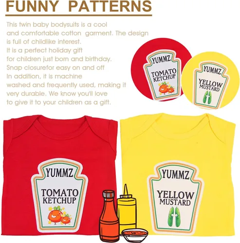 Miniatura 4 de Baby Twins Bodysuit Long Sleeve Clothing Yummz Ketchup Mustard Baby Romper Baby Outfits with Gloves