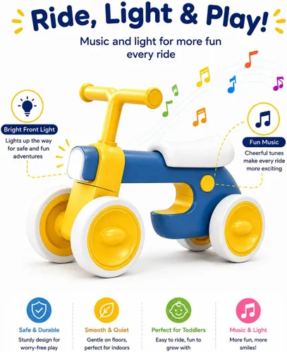 Miniatura 4 de Henry & Colin Bicicleta First Balance para niños de 1 año, bicicleta de 4 ruedas con luces divertidas y música, asiento suave, juguete sin pedales