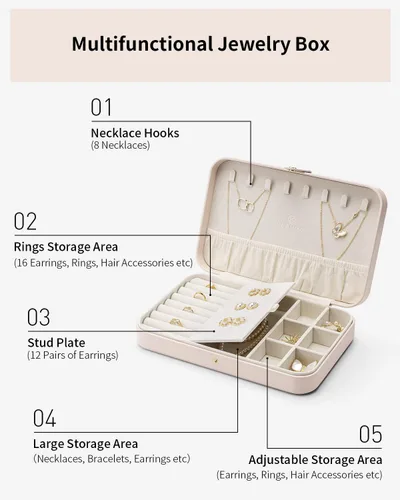 Miniatura 3 de Vlando Joyero de viaje para mujer, organizador de joyas de cuero portátil, para collares, aretes, anillos, pulseras, tamaño pequeño, regalos