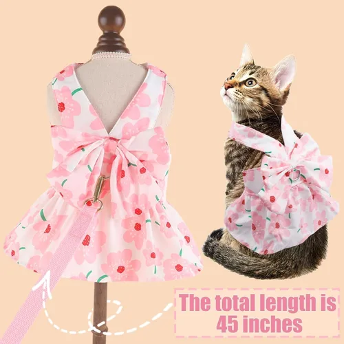 Miniatura 5 de Set de Vestido con Moño y Arnés con Correa para Perros Pequeños para Niñas, Ropa para Perros y Gatos Rosa Floral, Lindas Ropas para Cachorros, Ropa