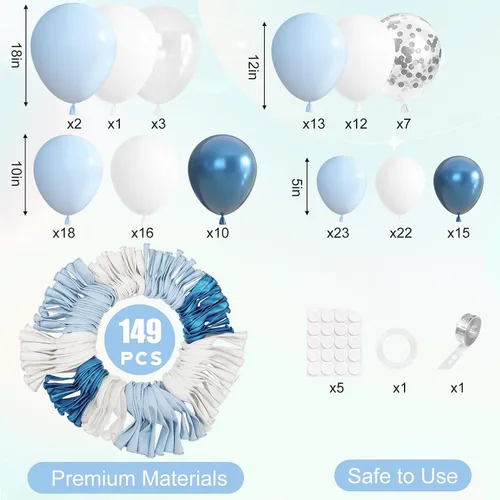 Miniatura 3 de Ouddy Party Juego de 149 guirnaldas de arco de globos azules y blancos de diferentes tamaños de 18, 12, 10 y 5 pulgadas, 6 globos plateados de Azul