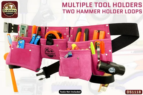 Miniatura 5 de Graintex DS1118 Cinturón de herramientas rosa de 8 bolsillos en cuero de gamuza con cinturón de 2 pulgadas, 2 bucles de cuero para martillo