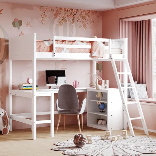 Miniatura 10 de Harper & Bright Designs Cama tipo loft individual con escritorio y 3 estantes, marco de cama tipo loft de madera maciza con escalera en ángulo
