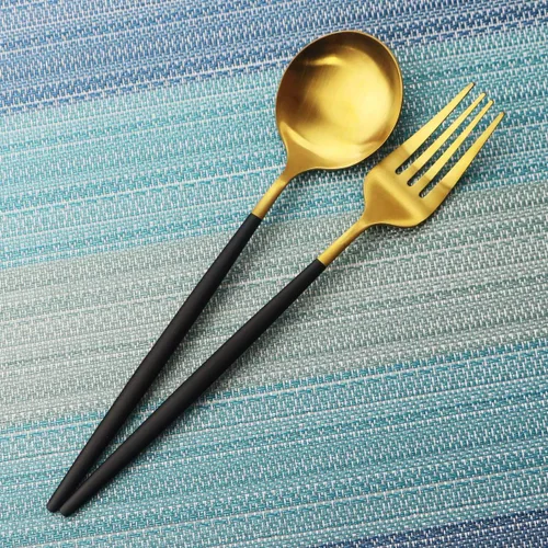 Miniatura 4 de Juego de cubiertos de 5 piezas, Uniturcky, de acero inoxidable negro y dorado, utensilios para comer con cuchillo, tenedor, cuchara para el hogar