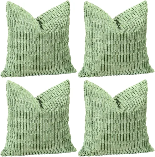 Miniatura 8 de OTOSTAR Juego de 4 fundas de almohada decorativas de pana suave de 18 x 18 pulgadas, fundas de almohada cuadradas a rayas bohemias para decoración