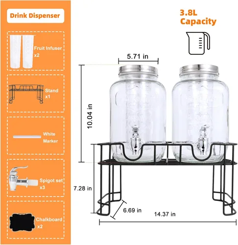 Miniatura 2 de Dispensadores de bebidas de vidrio de 1 galón para fiestas, juego de 2, dispensador de bebidas con infusor y soporte de frutas, dispensador de jugo