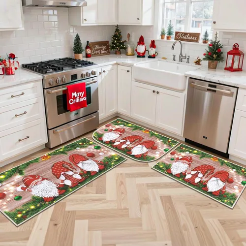 Miniatura 4 de Juego de 3 tapetes de cocina de Feliz Navidad, alfombras antideslizantes de cocina para invierno y fiestas navideñas Xmas, alfombra cómoda