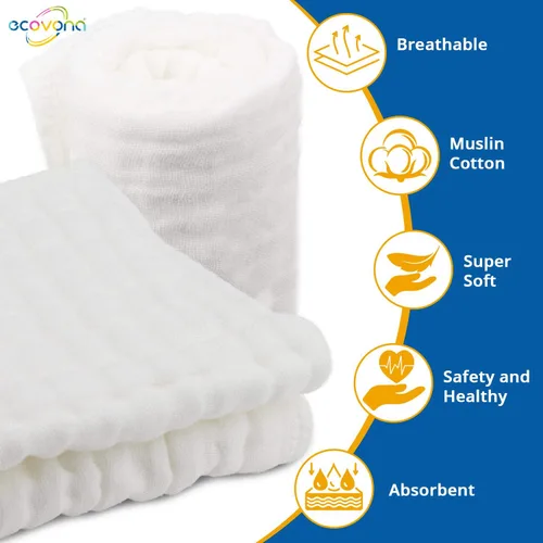 Miniatura 3 de Paño de muselina para bebés niños y niñas (paquete de 8) Artículo esencial de algodón para recién nacidos Diseño unisex blanco Paños súper