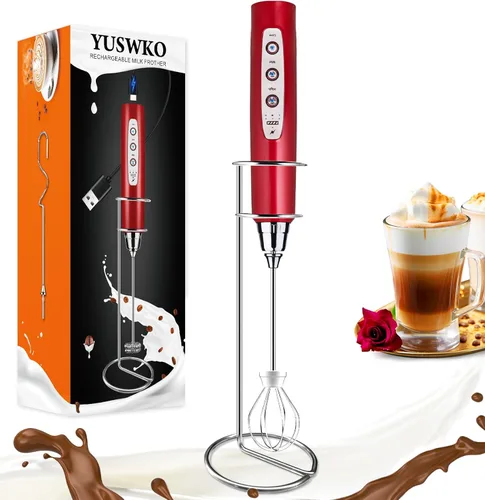Miniatura 28 de YUSWKO - Espumador de leche recargable de mano con 3 cabezas, mezclador de bebidas con 3 velocidades ajustables para latte, cappuccino, chocolate