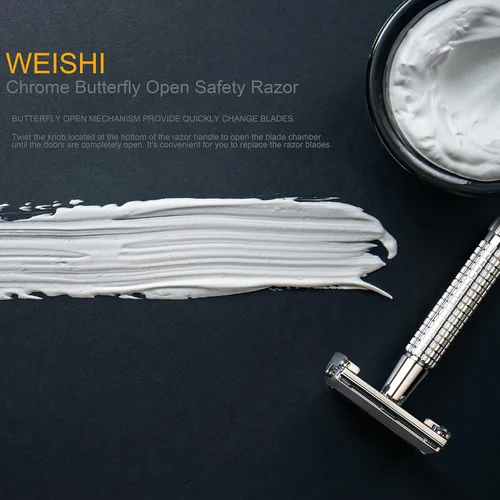 Miniatura 5 de WEISHI rasuradora con mango largo cromado, apertura tipo mariposa, borde doble, segura