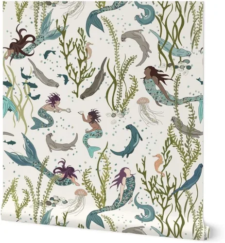Papel tapiz para despegar y pegar, diseño de sirenas nutrias, blanco, verde, azul, mar, océano, fondo de pantalla extraíble personalizado Spoonflower