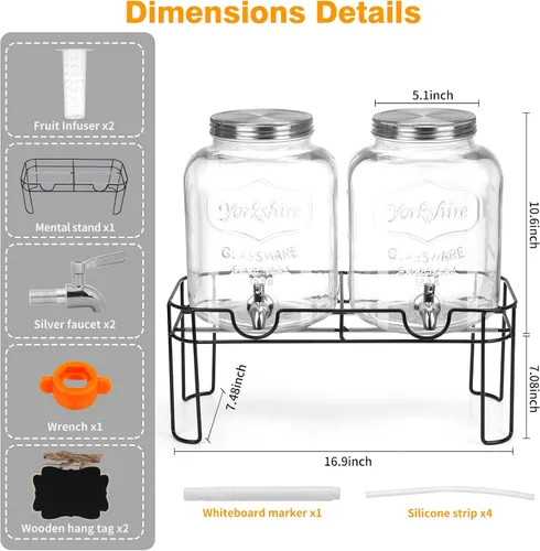 Miniatura 2 de Dispensador de bebidas de vidrio de 1.6 galones, 2 piezas dispensador de bebidas con soporte, dispensador de limonada con grifo de acero inoxidable