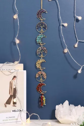 Miniatura 7 de Top Plaza Decoración de piedras de chakras de árbol de la vida, piedras preciosas de cristales curativos crudos, 7 chakras, adorno colgante de luna