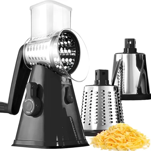 Rallador de queso giratorio con asa, rallador de queso, manivela de mano, rallador de corte rápido para cocina con 3 cuchillas intercambiables,