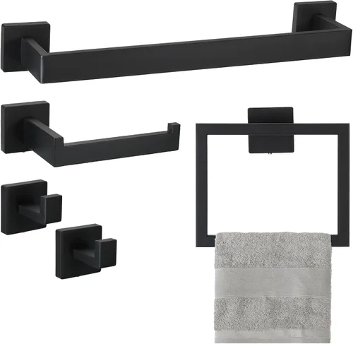 uxcell Juego de 5 piezas de accesorios de baño, juego de barra de toalla de acero inoxidable de 15.7 pulgadas, soporte para papel higiénico, 2 Negro
