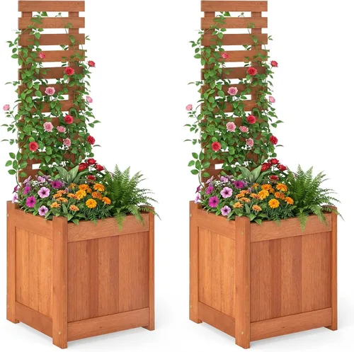 Miniatura 16 de Giantex Cama de jardín elevada de madera con enrejado, maceta para exteriores con base abierta para plantas trepadoras, profundidad de plantación
