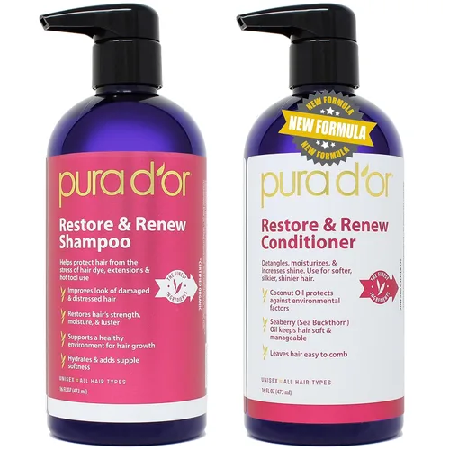 PURA D'OR Restore & Renew Set de champú y acondicionador para cabello fuerte, saludable y nutrido con aloe vera orgánico, romero, espino amarillo,