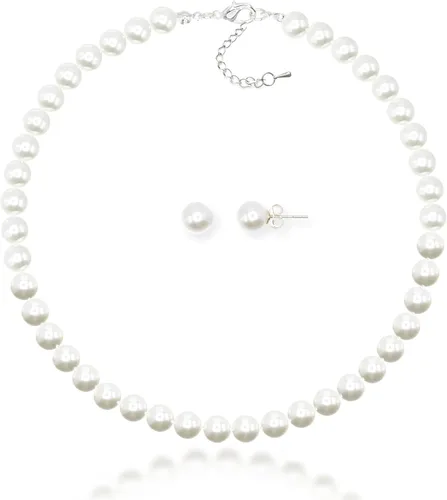JIBSA 8mm Round Simulated Shell Pearl Necklace Sterling Silver Stud Earring Set - Wedding Bridal Tea Party Jewelry for Women Girls