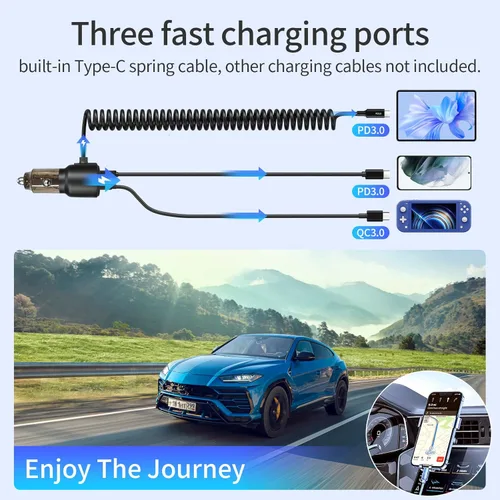 Miniatura 4 de Cargador retráctil de coche de 110 W, adaptador de encendedor de cigarrillos de 3 puertos, cable USB C retráctil de 5.7 pies, cargador de coche USB