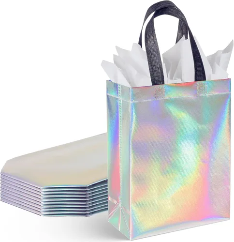 BLEWINDZ 18 bolsas de regalo holográficas con asas y pañuelos, bolsas de regalo reutilizables iridiscentes medianas de 10.2 pulgadas para Holográfico