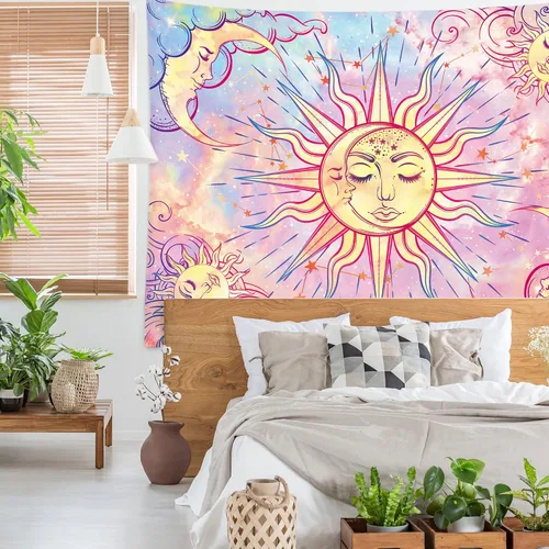 Miniatura 2 de Ohjijinn Tapiz rosa pastel de sol y luna – Celestial ardiente sol estético mariposa teñido anudado colgante de pared para niña, decoración